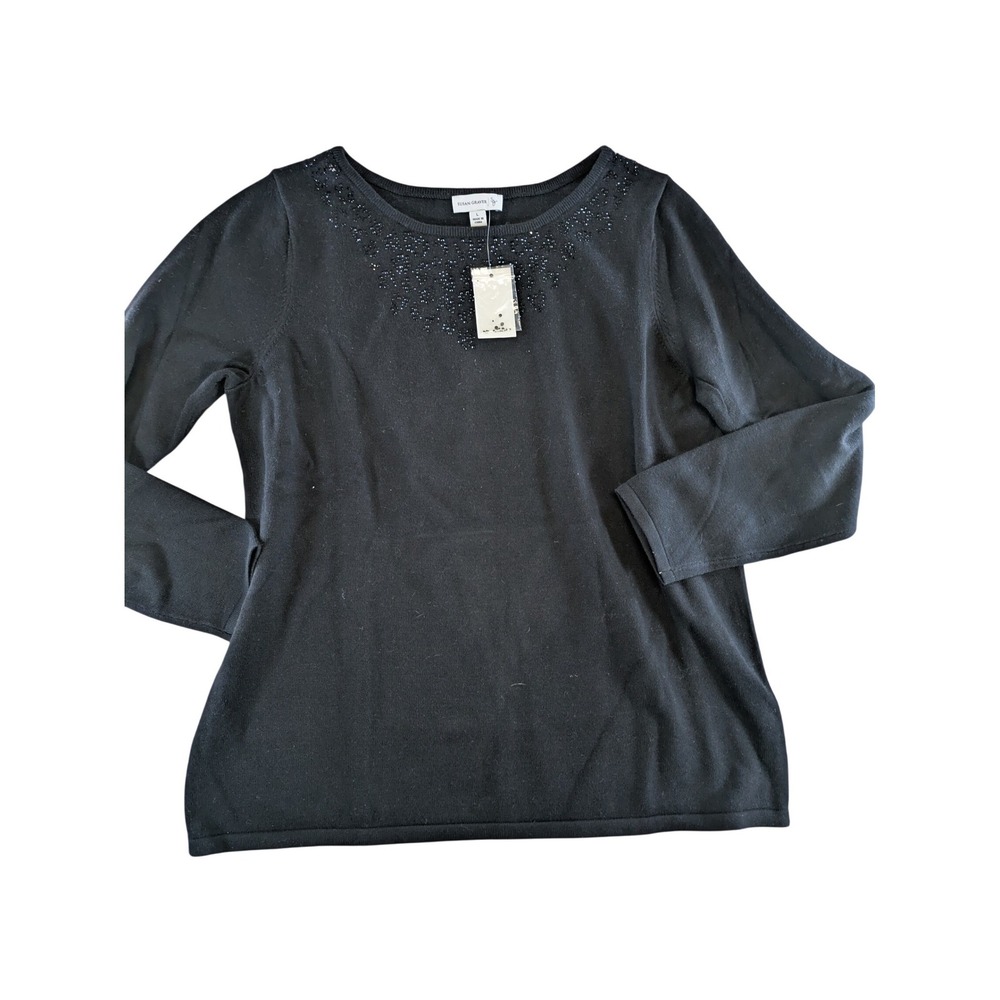 Susan‎ Graver Black Beaded Scoop Neck Pullover Sweater Womens Large New